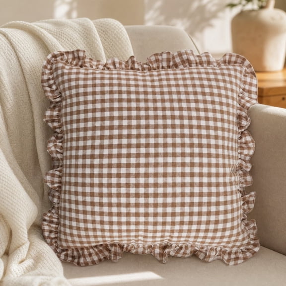 18×18in Brown Gingham Ruffle Edge Pillow Cover, Farmhouse Style Square Decorative Cushion Case for Sofa Bedroom