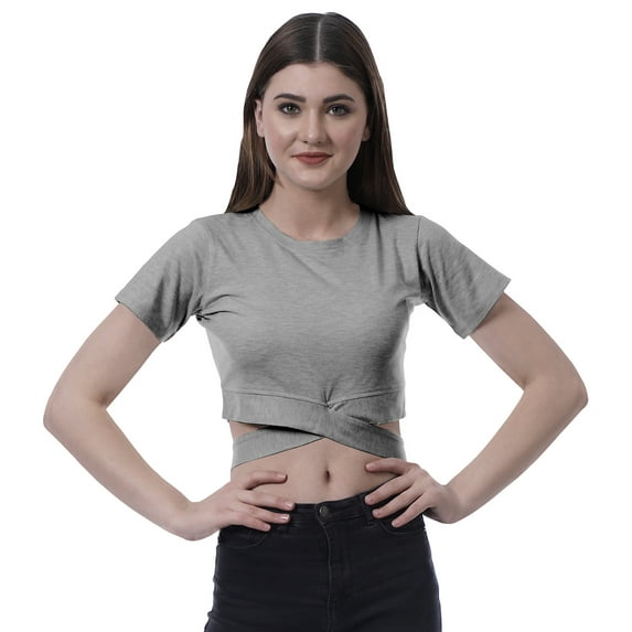 Moomaya Women Criss Cross Hem Top Short Sleeve Round Neck Tee Shirt Blouse Tops