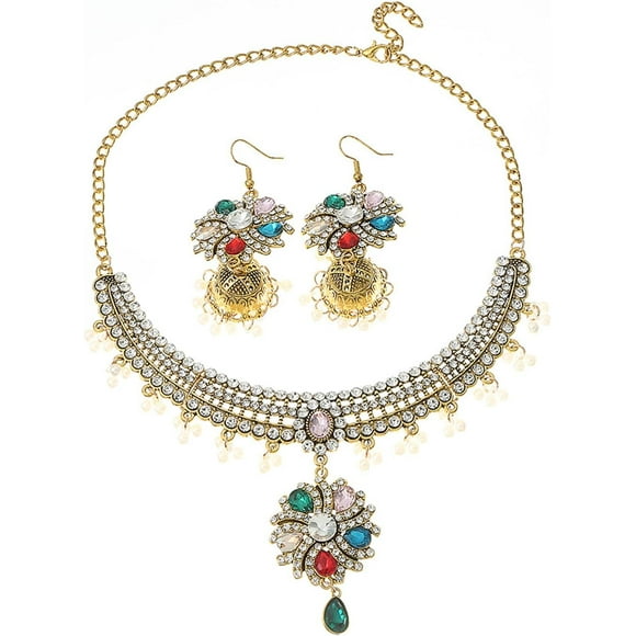 SVRITE 2 Pieces Vintage Ethnic Style Jewelry for Women - Colorful Necklace Earring Set Rhinestone Choker Collar Zircon Pendants Indian Jewelry Sets Floral Design Perfect for Ethnic Occasions