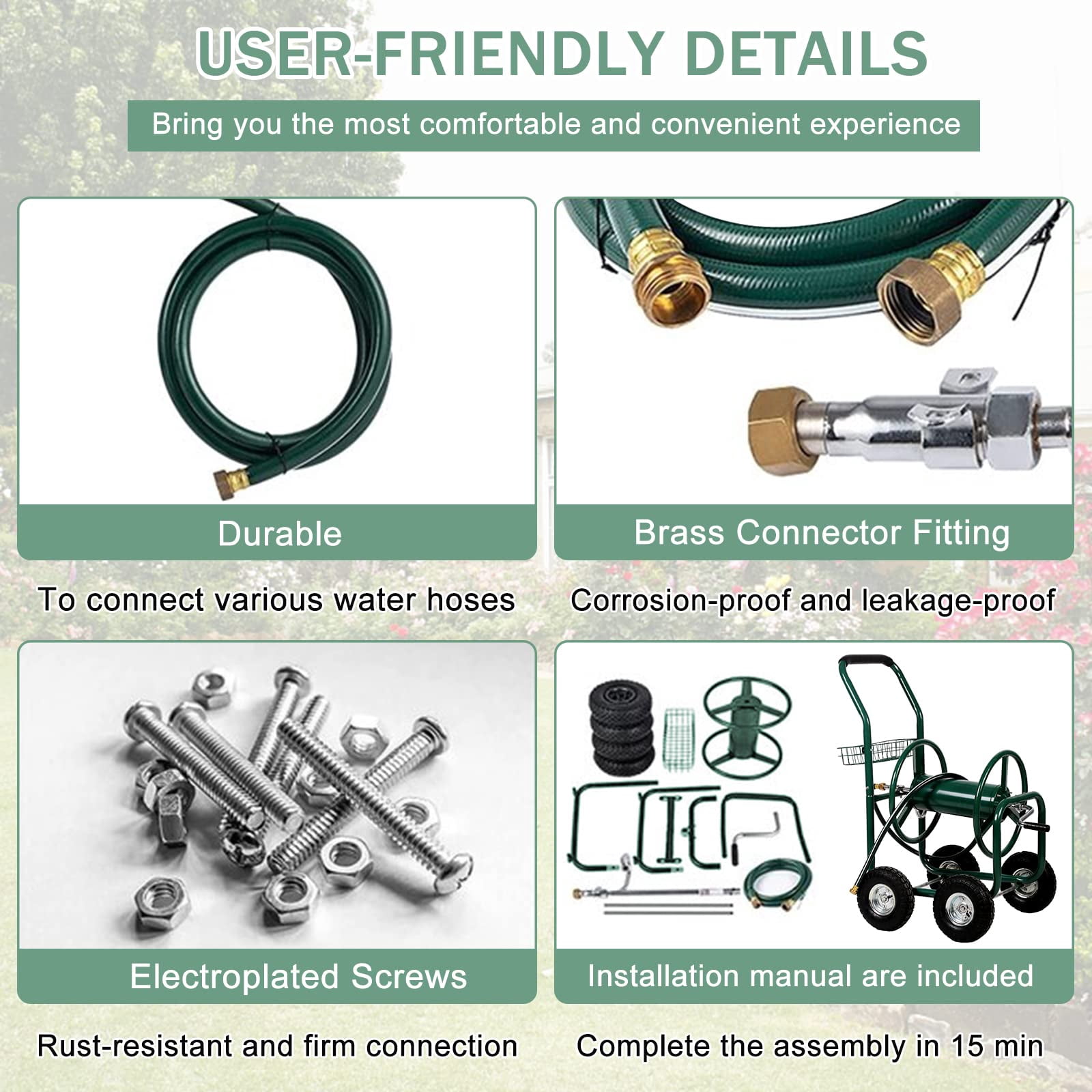Garden Hose Reel Cart,  Hose Reel Cart with  4 Wheels, Heavy Duty Outdoor Water Planting Truck with Storage Basket (Green)