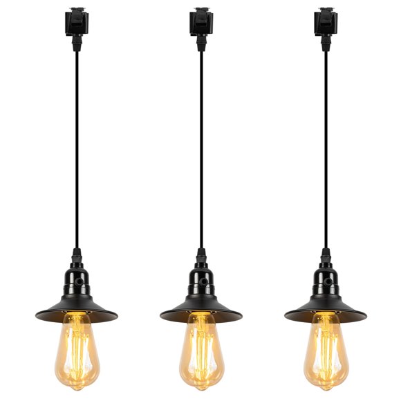 FSLiving Dimmable Juno Track Lighting Pendants, 3.2 Ft, J-Type Track Mounted 2Way Knob Turn on Off E26 Socket Black Industrial Vintage Metal Cover 3 Lights for Bar Kitchen Ceiling Customizable
