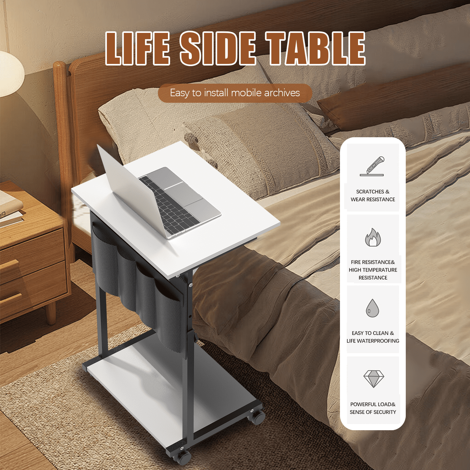 UPGO C-Shaped Adjustable End Table, 25"-30" Height, Small Couch Side Table with Storage for Living Room & Bedroom