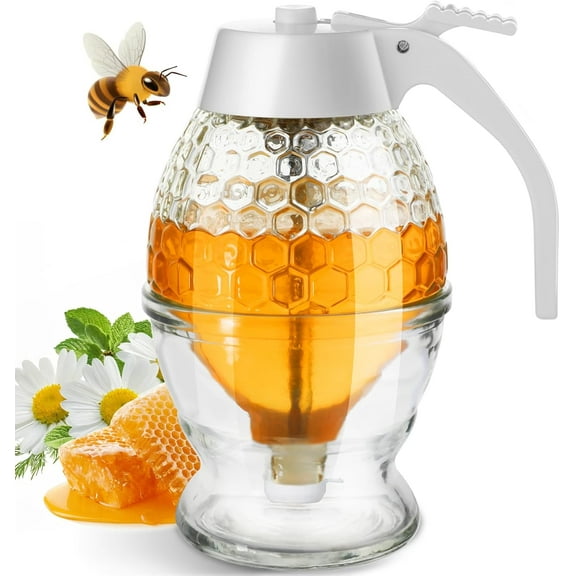Honey Dispenser, 8oz Honey Dispenser No Drip Glass with Stand, Honey Container & Coffee Syrup Dispenser for Tea Time & Gifting, Elegant Honeycomb Honey Jar - Honey Pot Bottle for Maple Syrup Bee