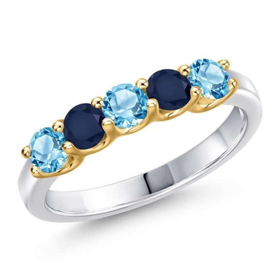 Gem Stone King 925 Silver and 10K Yellow Gold Swiss Blue Topaz and Blue Sapphire Wedding-Bands Ring for Women | 1.04 Cttw | Round 3.5MM | Gemstone November Birthstone | Size 5