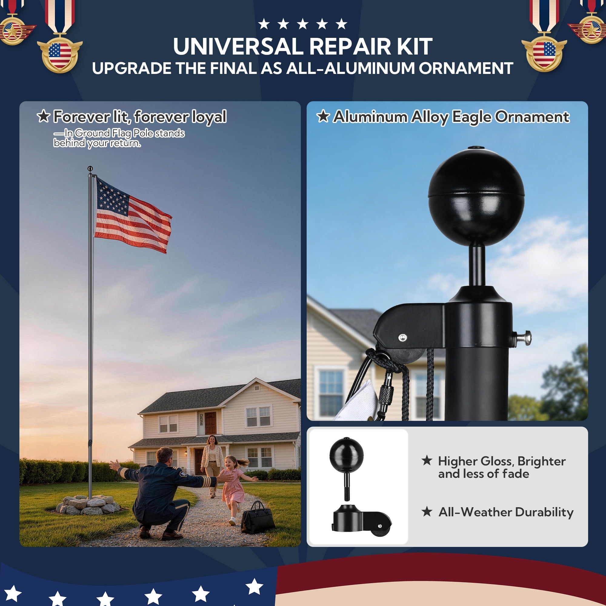 Yescom ALL Aluminum Flag Pole Hardware Repair Kit 50FT Wire Core Halyard Rope Black Ball Topper for 20/25/30 FT Sectional Pole with 1 13/16" Dia.