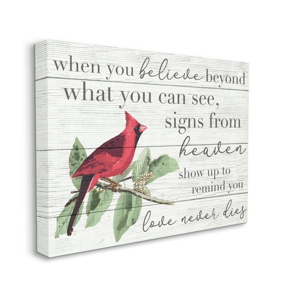 Believe Love Never Dies Inspirational Cardinal Bird Word Design Stretched Canvas Wall Art by Daphne Polselli