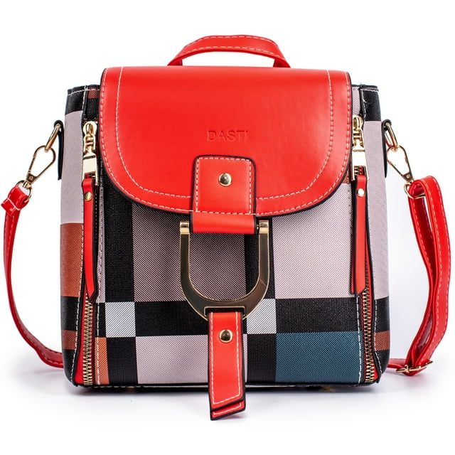 Plaid Leather Small Backpack Purse Red Purses Back Pack for Women