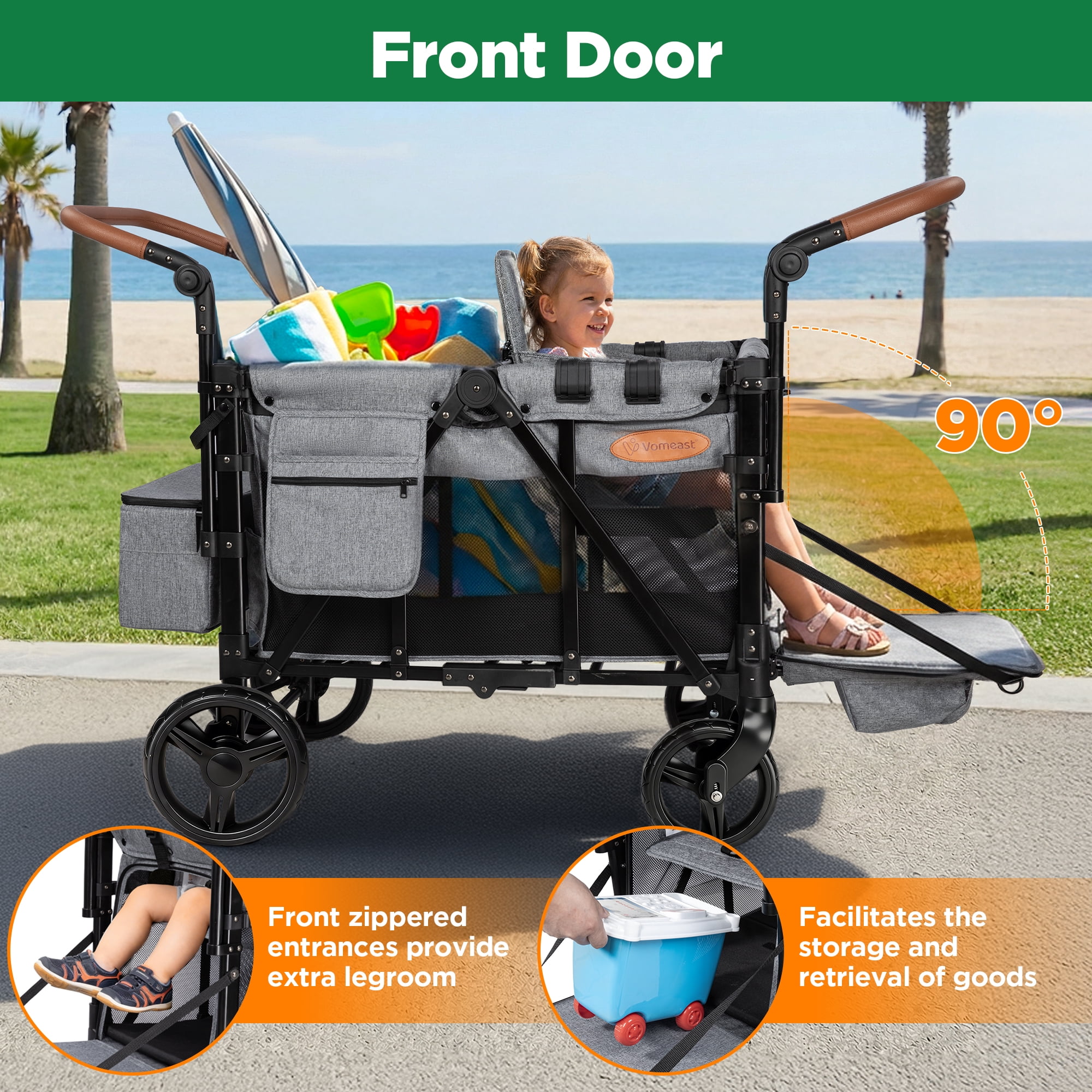 Vomeast Upgrade Wagon Stroller for 2 Kids, 2-Seater Outdoor Baby Stroller Wagon with Canopy, 5-Point Harness, Adjustable Handle(Grey)