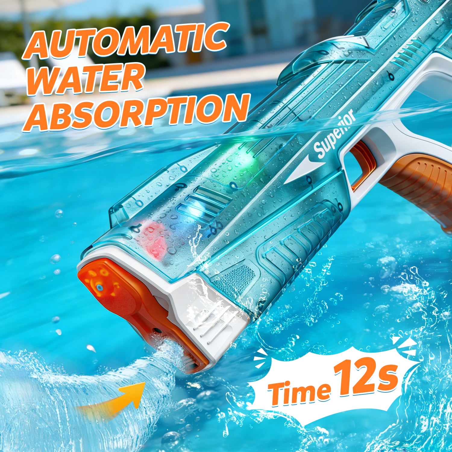 WonderStone Electric Water Blaster, Modular Battery Powered Automatic Waterproof Water Machine with Light, 32 Ft Long Range, Pool & Beach Outdoor Party Toy for Kids Ages 8–12, Cyan