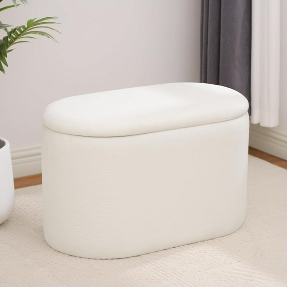 Oval Ottoman with Storage for Living Room, Modern Linen Fabric Foot Stools Ottoman, Upholstered Vanity Stool Foot Rest, Small White Storage Bench for Bedroom, Entryway, Dorm