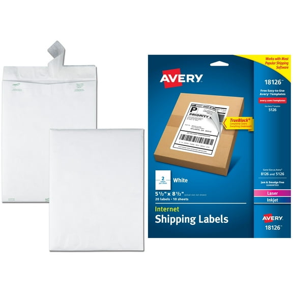 Avery White Shipping Labels with TrueBlock Technology 18126, 5-1/2" x 8-1/2", 20pk and Quality Park Survivor Tyvek Open-End Envelopes Bundle