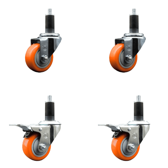 3 Inch Orange Poly Swivel 1-1/4 Inch Expanding Stem Caster Set 2 Brakes