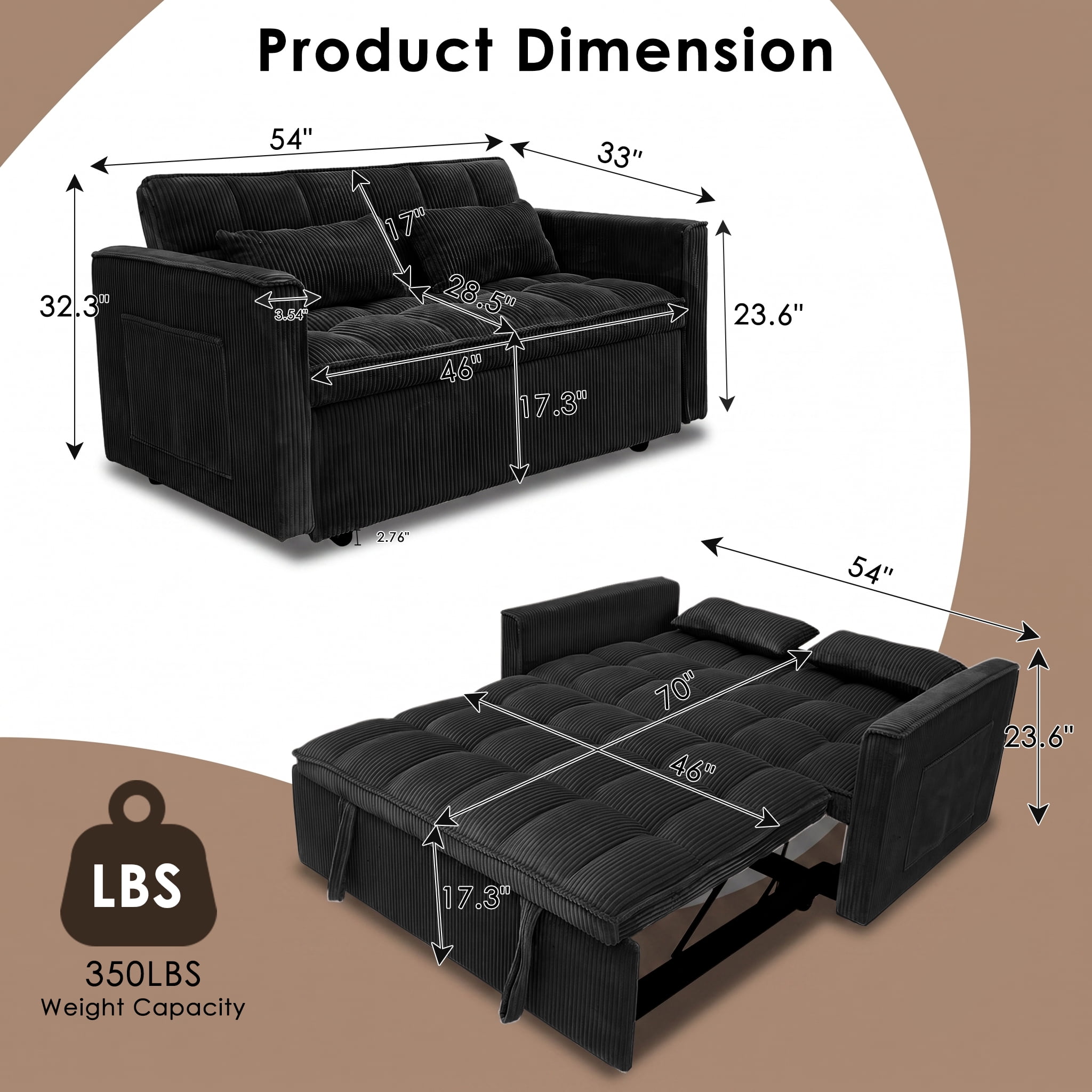 AISWORD Sleeper Sofa Bed, 3-in-1 Convertible Pull Out Couch with Adjustable Backrest for Living Room, Loveseat Sofa Bed with Side Pockets, Black