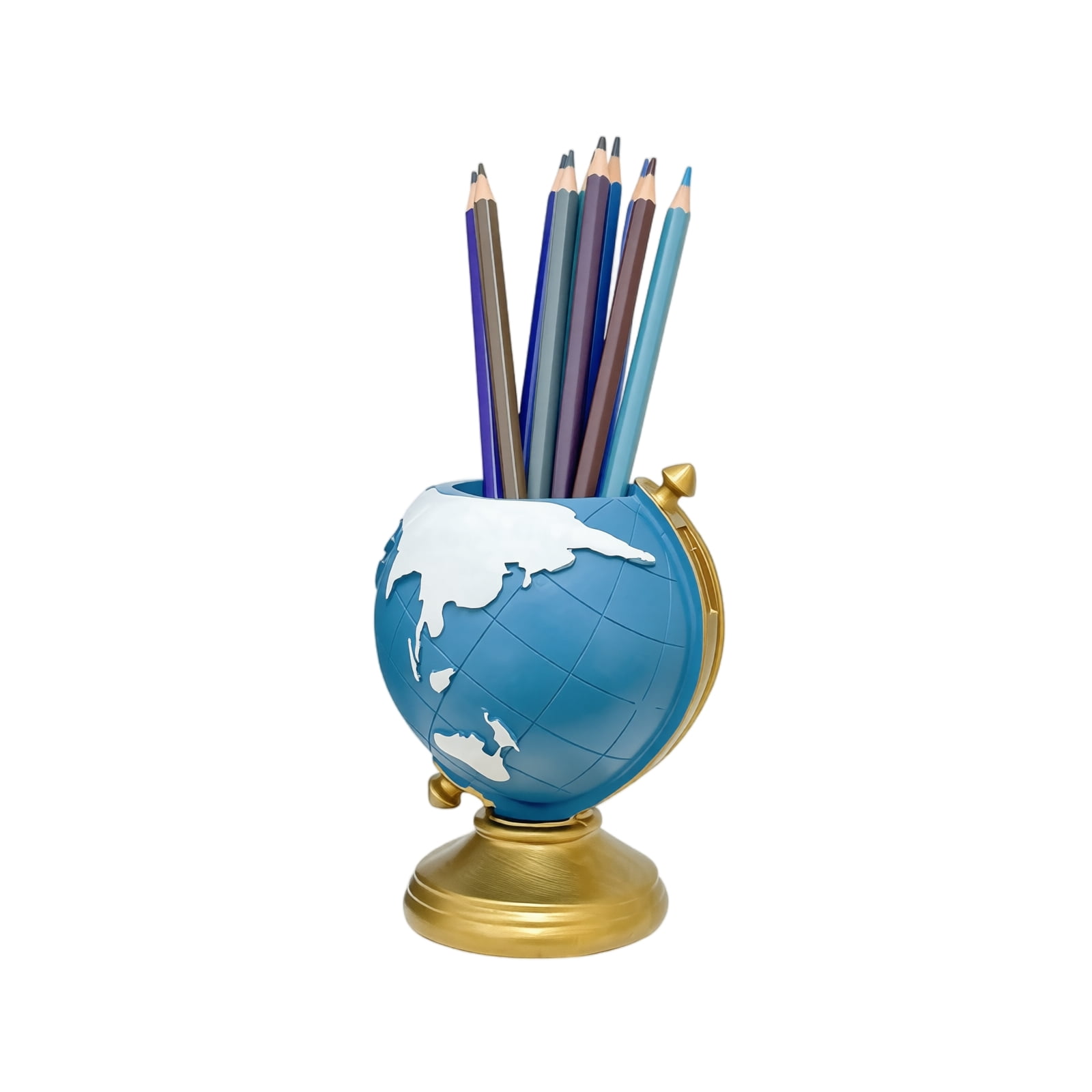 Globe Pen Holder World Map Desktop Decorative Ornament and Stationery Organizer for Home Office School Study Room Tabletop Blue