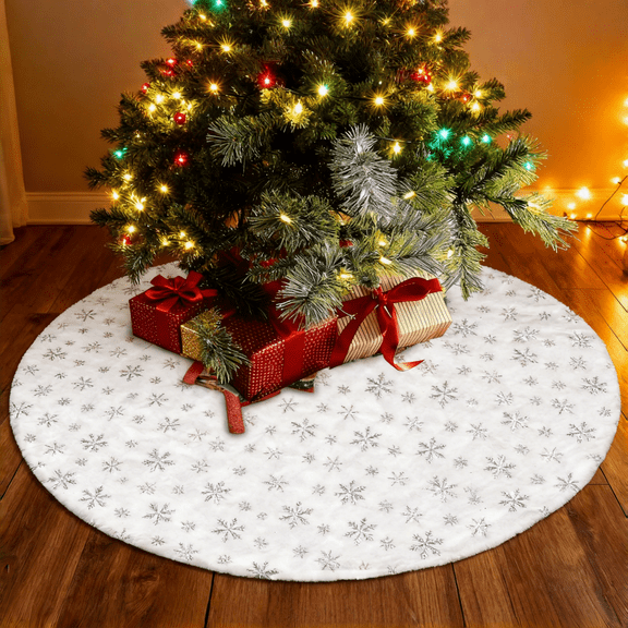 Marakabeis Christmas Tree Skirt, 35-Inch White Faux Fur Base with Silver Sequin Snowflakes for Holiday Decor