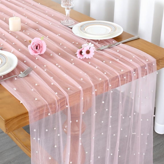 Rustic Tulle tablecloth with Pearls for Baby Shower Wedding Party Veil Dessert Table Decor Dusty Rose（75*300cm)