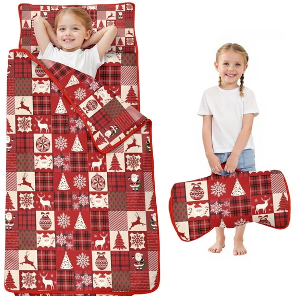 Red Christmas Patchwork Pattern Toddler Nap Mats for Kids Preschool,50"x20" Sleeping Mat Bag or Kids,Toddler Sleeping Bag,Toddler Nap Mat or Daycare