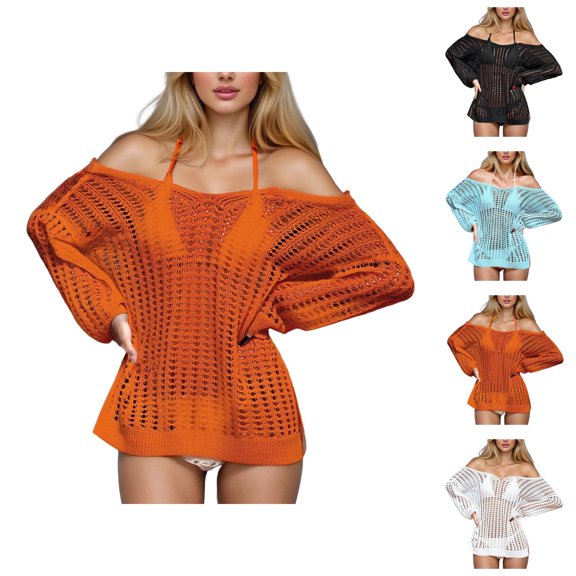 Beach Coverups for Women 2026 Beach Swim Cover Up Gold Strapless Beach Cover Up Dress with Hollow Out Crochet Detailing for and Holiday Wear