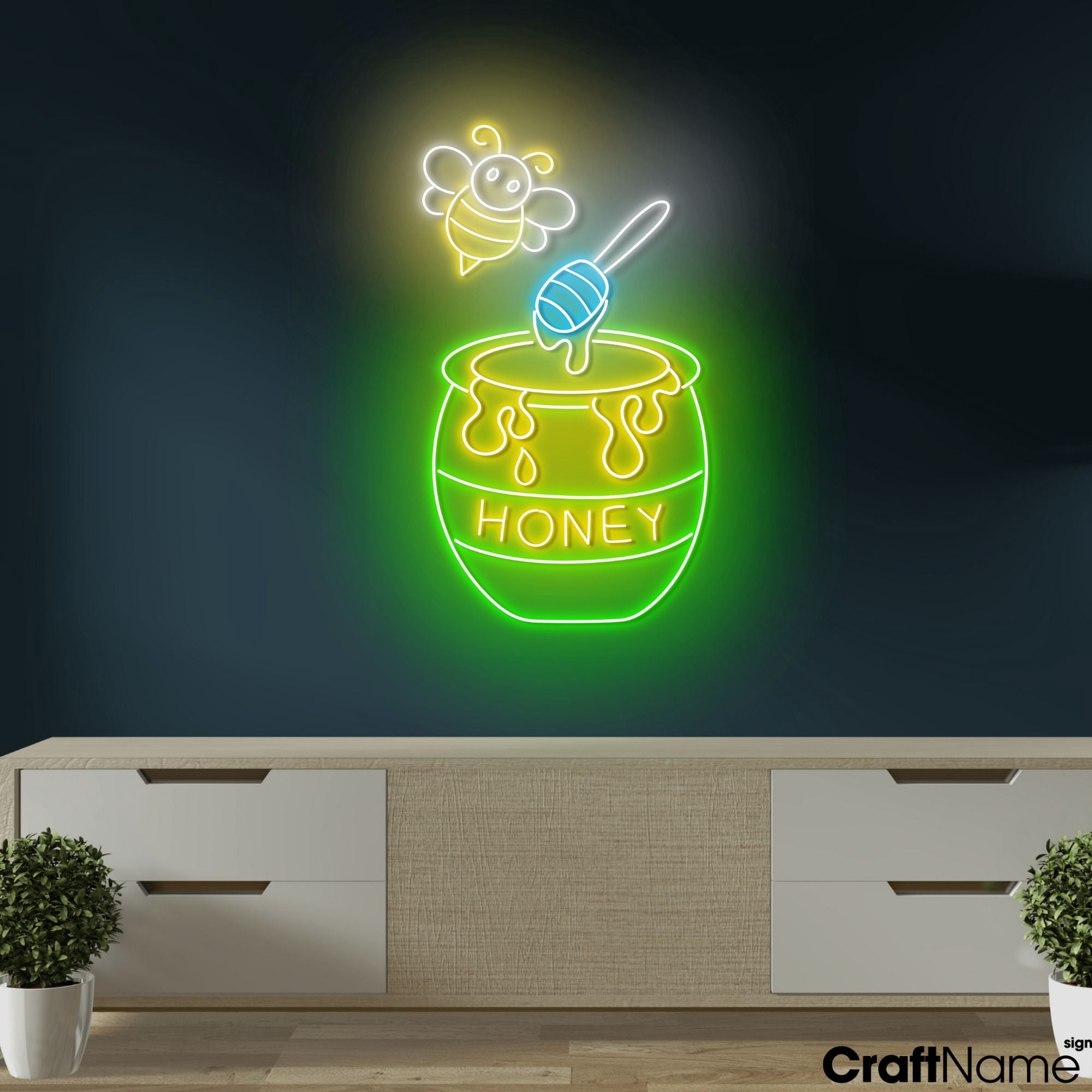 Craftnamesign Bee Honey Neon Sign, Honeybee LED Light Sign, Honey Shop Light Wall Decor