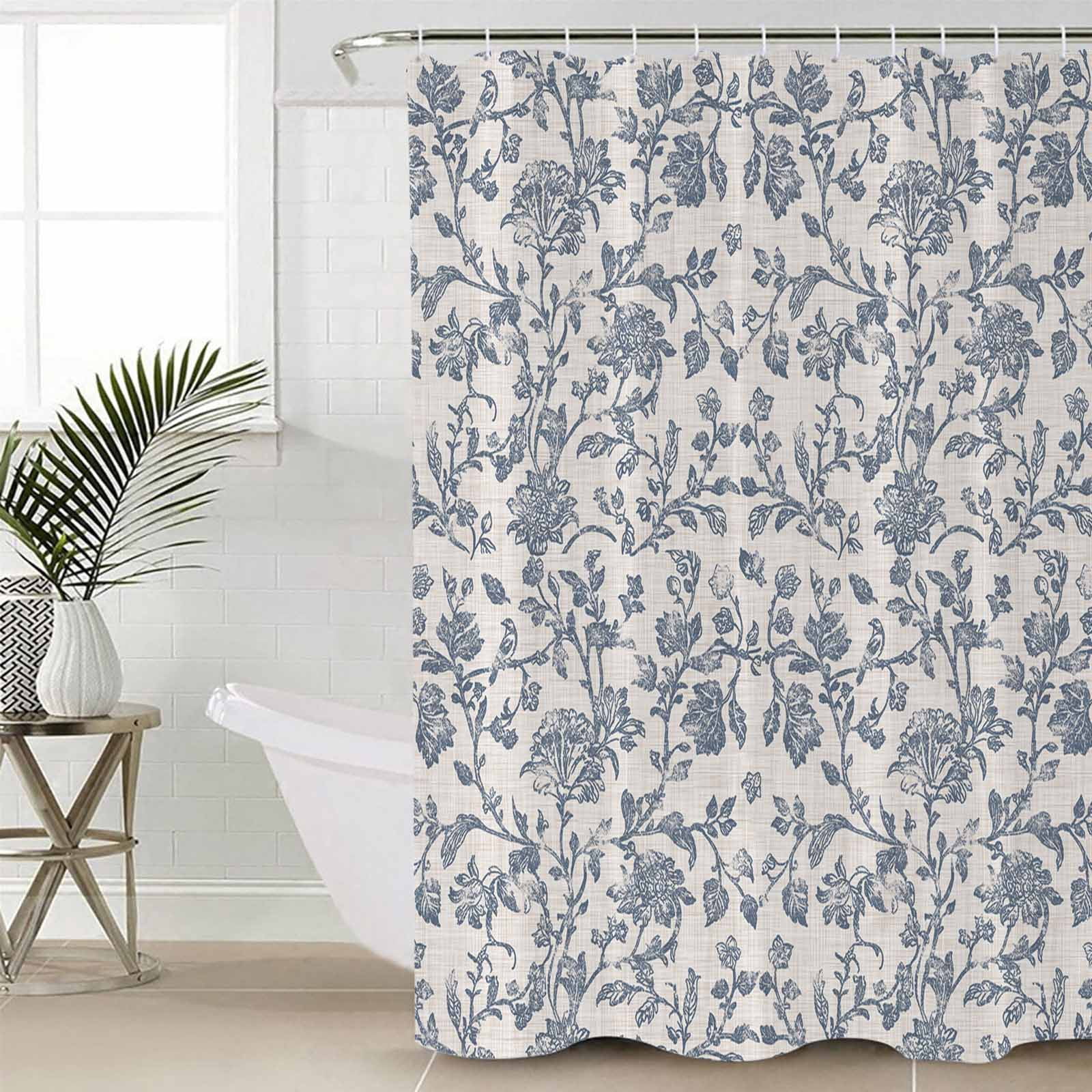 Small Stall Shower Curtain 36x72 Inch Narrow Half Size Blue Floral Bath Curtains Bathroom Decor Farmhouse Vintage Flower Leaf Botanical Waterproof Fabric Shower Curtain Set with Hooks 36 Inch