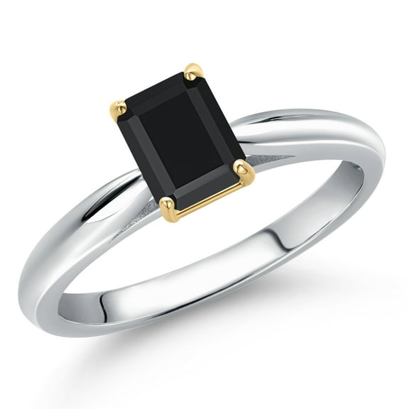 Gem Stone King 925 Silver and 10K Yellow Gold Black Onyx Engagement Ring for Women | 0.56 Cttw | Octagon 6X4MM | Gemstone December Birthstone | Size 7