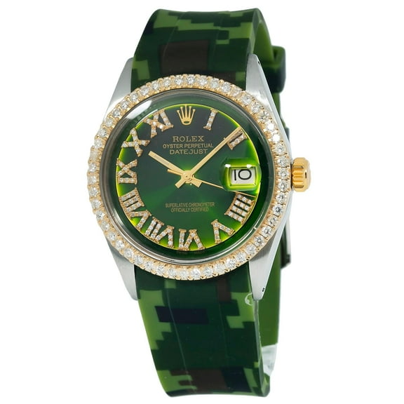 Pre-Owned Rolex Datejust 36MM 1601 Green Roman Diamond Dial Diamond Bezel Green Camo Rubber Strap