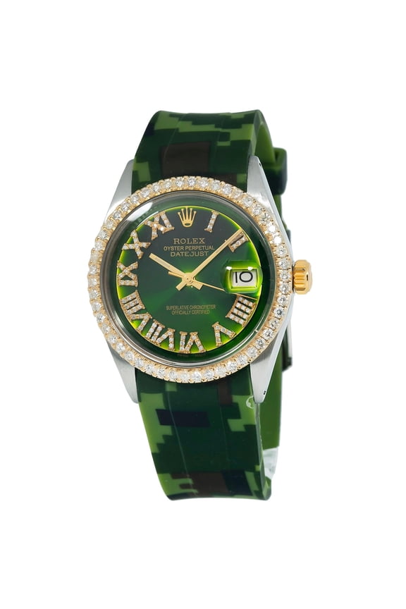 Pre-Owned Rolex Datejust 36MM 1601 Green Roman Diamond Dial Diamond Bezel Green Camo Rubber Strap