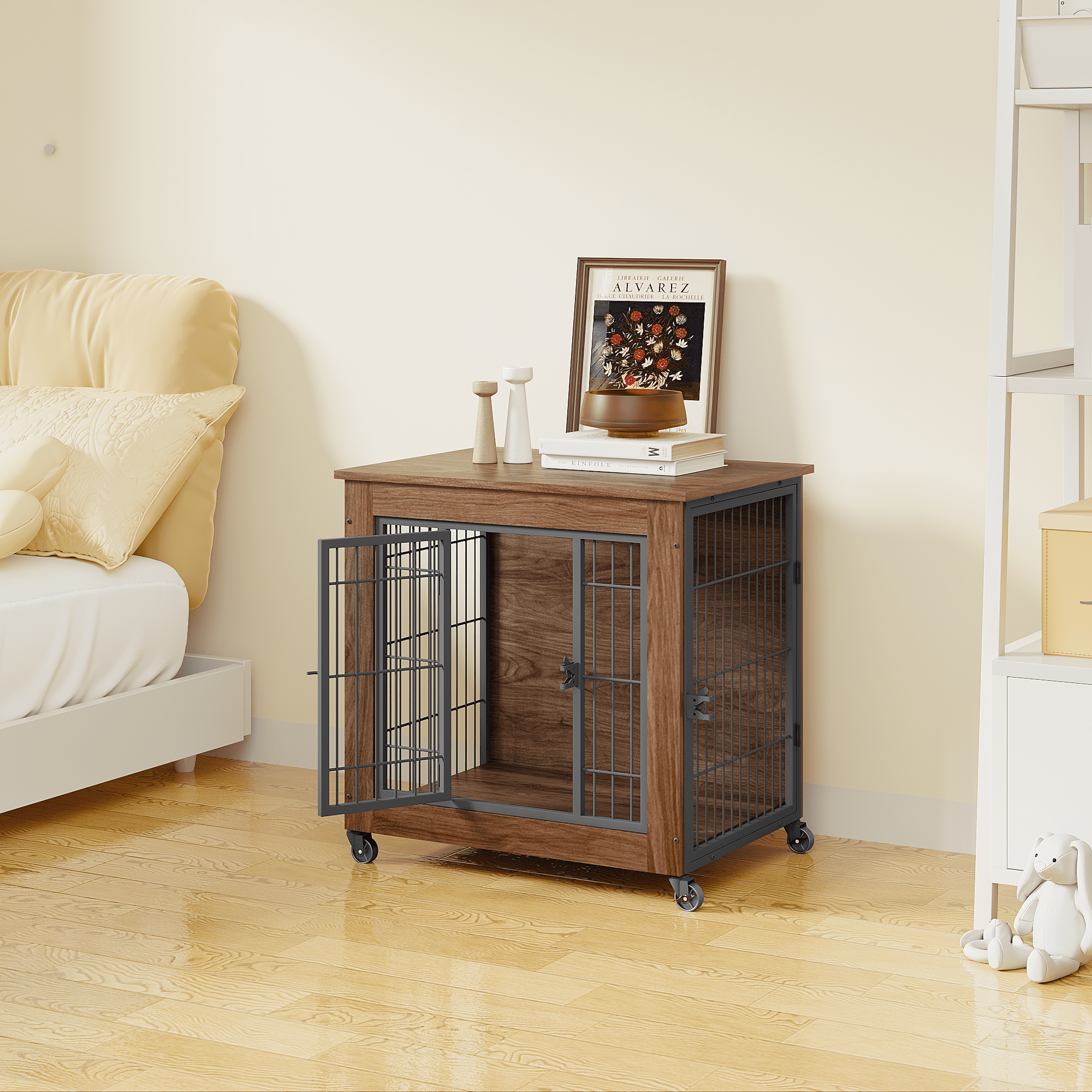 27.2" Dog Crate Furniture with Wheels, Wooden Indoor Pet Kennel End Table, Heavy Duty Double-Door Metal Dog Cage with Brake Casters, Sturdy Breathable Crate for Small Anxious Dogs