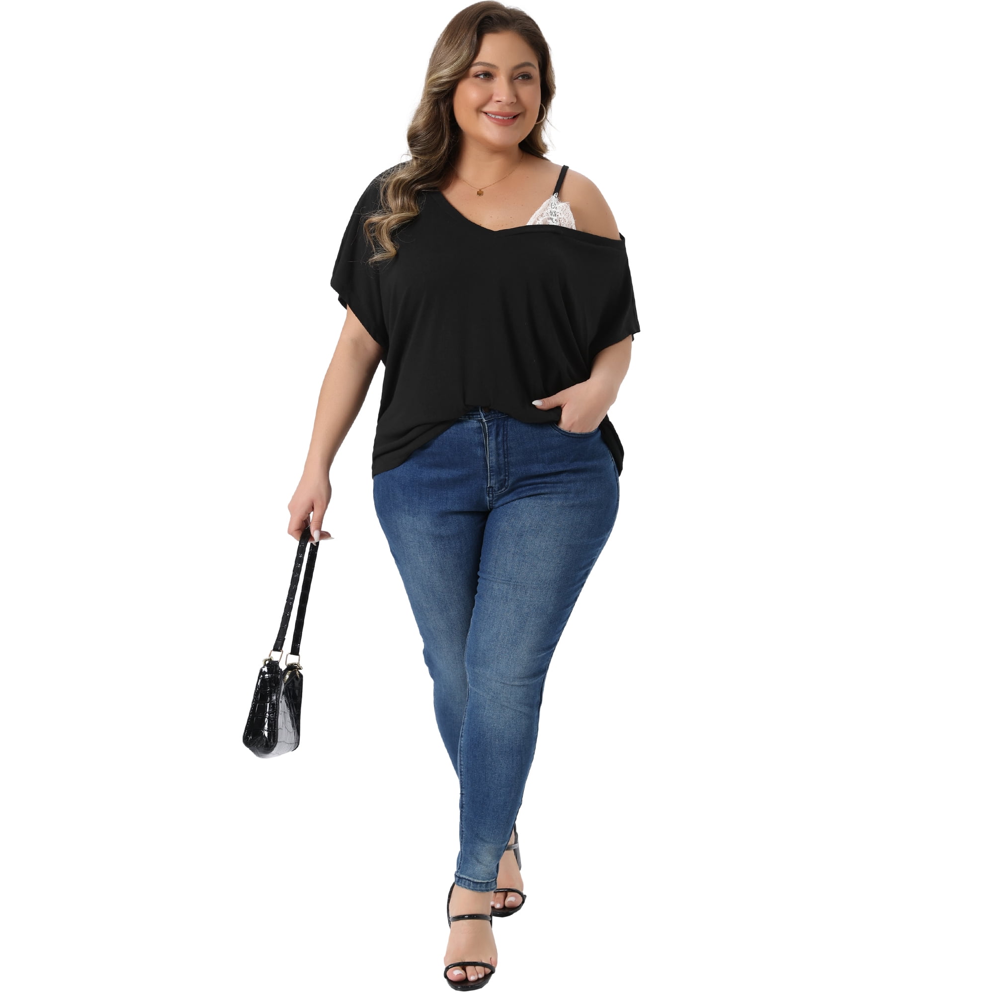 DARING DIVA Women's Plus V Neck One Cold Shoulder T Shirt Summer Blouse 3X Black