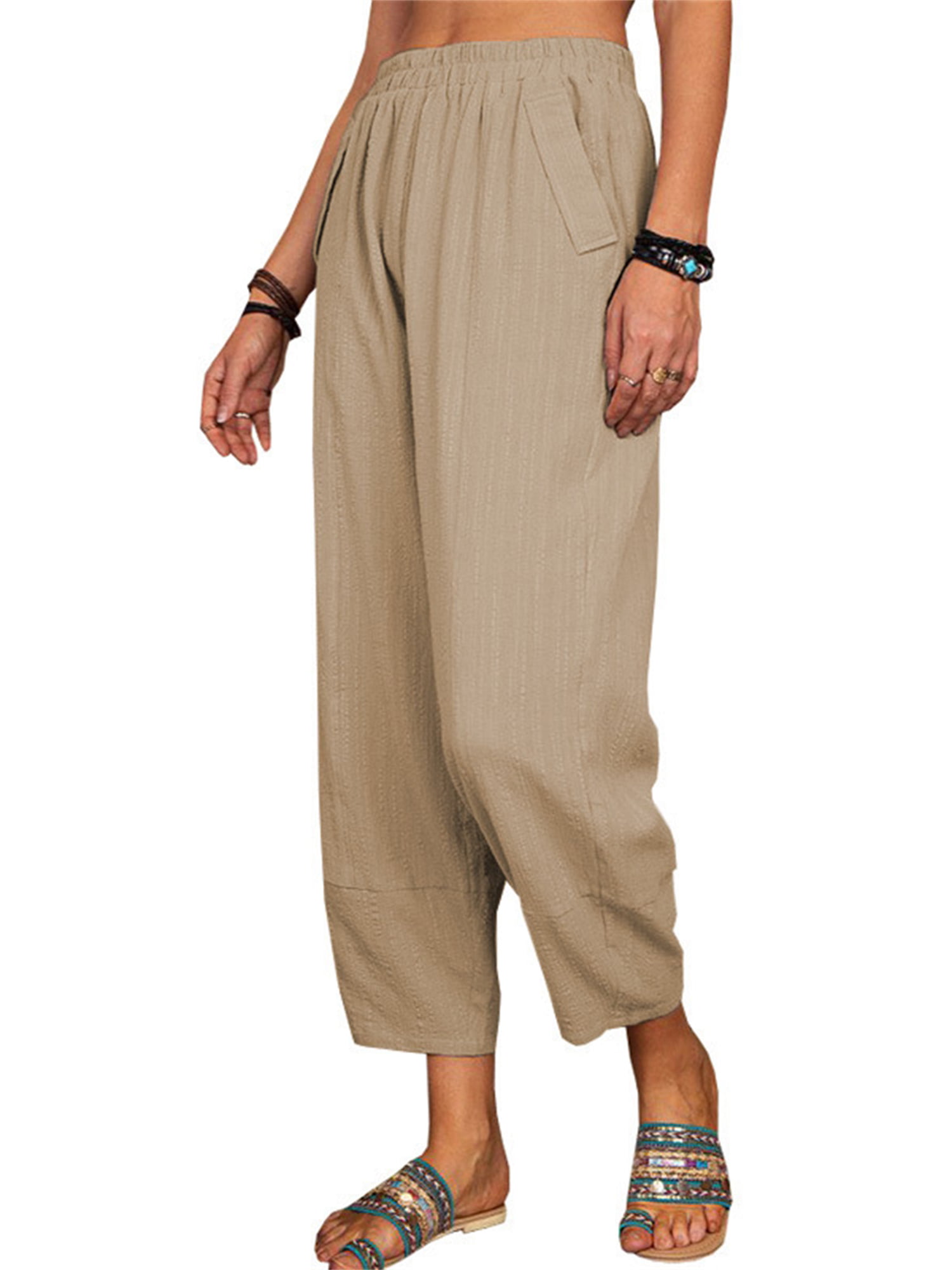 Fashion (caramel)Lucyever Women's Summer Wide Leg Pants 2022 Casual Elastic  High Waist Cotton Linen Pants Solid Color Beach Loose Cropped Trouser DOU @  Best Price Online