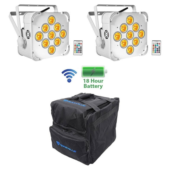 (2) BEST PAR 60 White Rechargeable Wash Lights w/ Wireless DMX RGBWA UV Bag