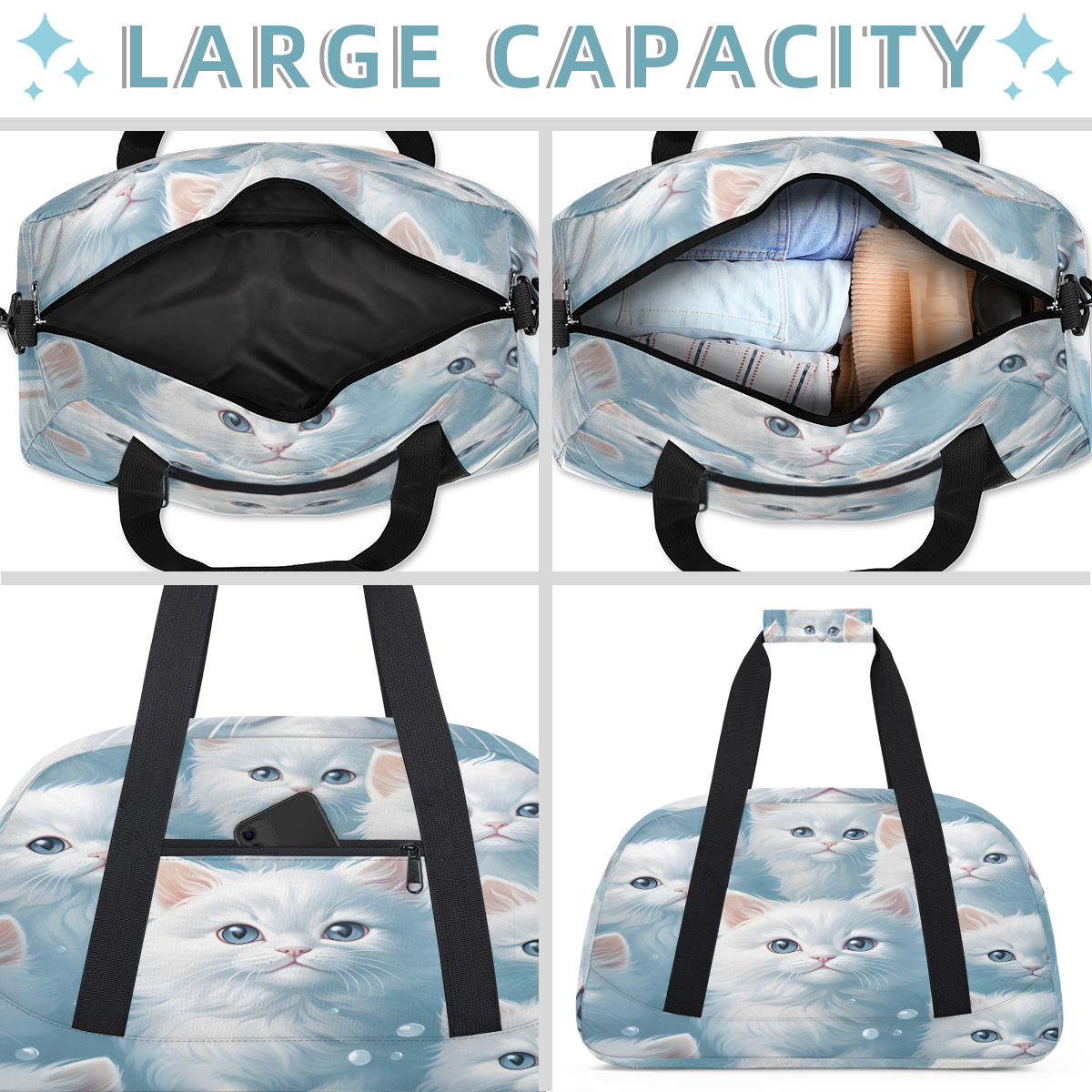 Herdesigns Cat Sports Duffle Bag for Women & Men, Cute Cat Gym Bag Dance Bag Overnight Bag Carry On Weekender Travel Bag