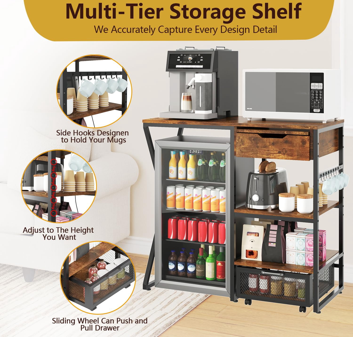 41.7" Mini Fridge Stand with Storage Shelf, 3-Tier Microwave & Coffee Bar Organizer with Basket and Pull-Out Tray for Dorm or Apartment