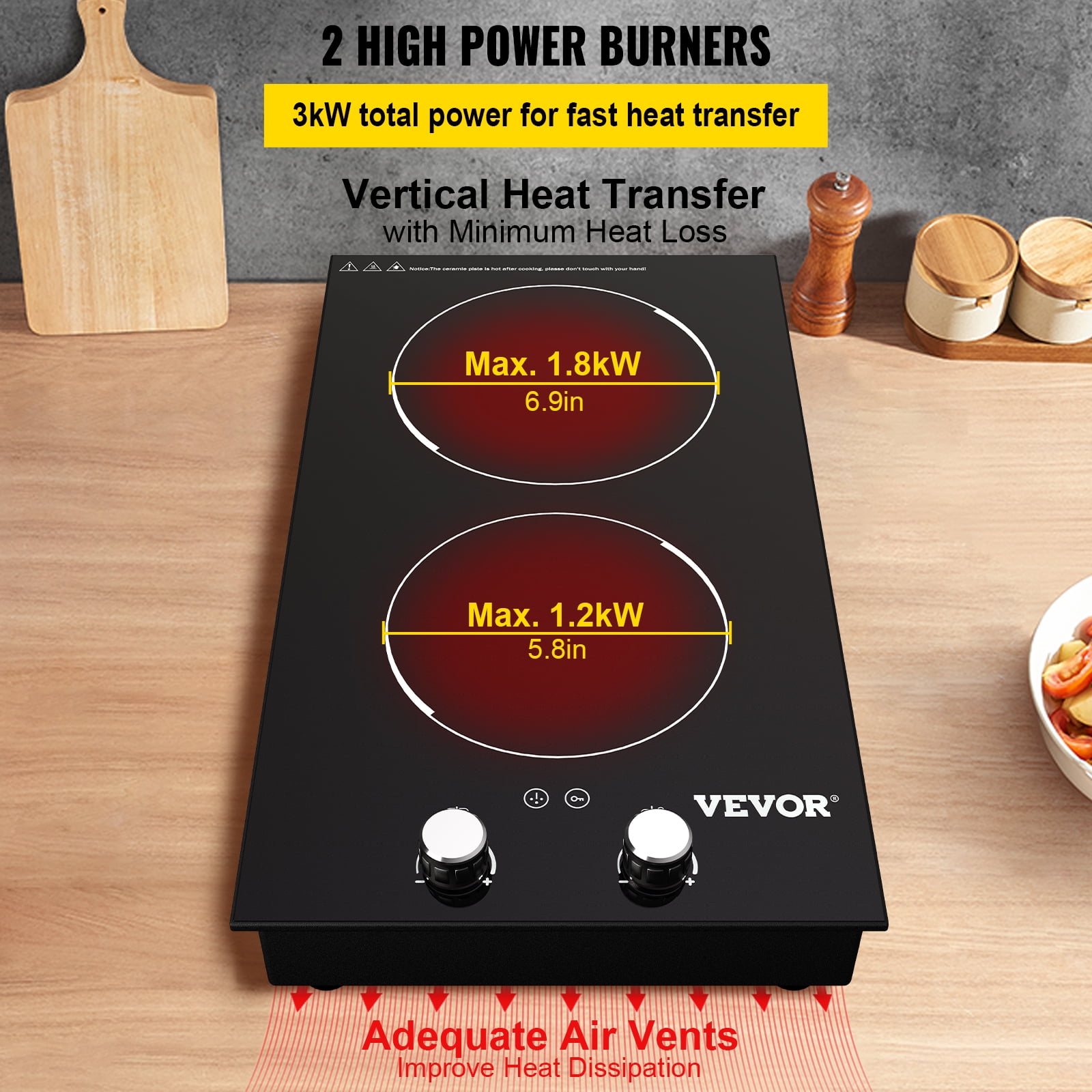 VEVOR Built-In Induction Cooktop 35 inch 5 Burners 220V Ceramic Glass Electric Stove Top with Knob Control Timer & Child Lock Included 9 Power