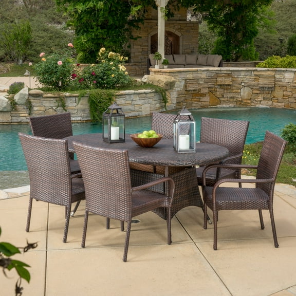 Amelia 7 Piece Outdoor Oblong Wicker Dining Set, Multibrown