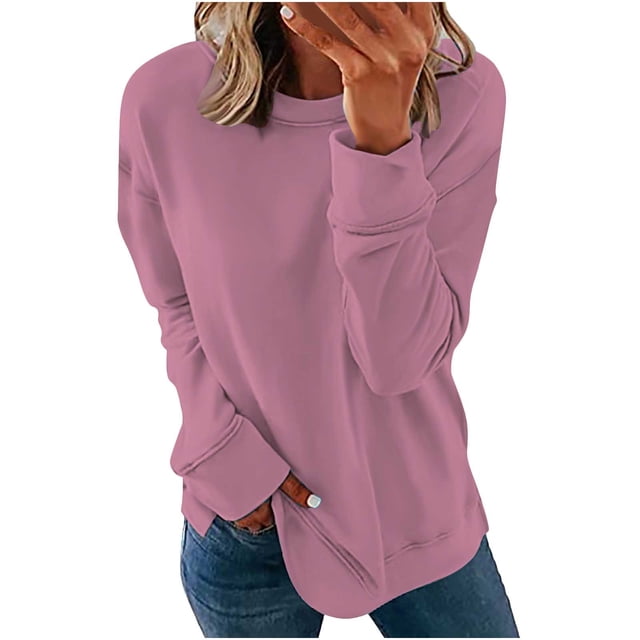 CEHVOM Chemises Décontractées à Manches Longues pour Femmes Couleur Unie Col Rond Chandail en Molleton Chandail Tunique Ample en Liquidation