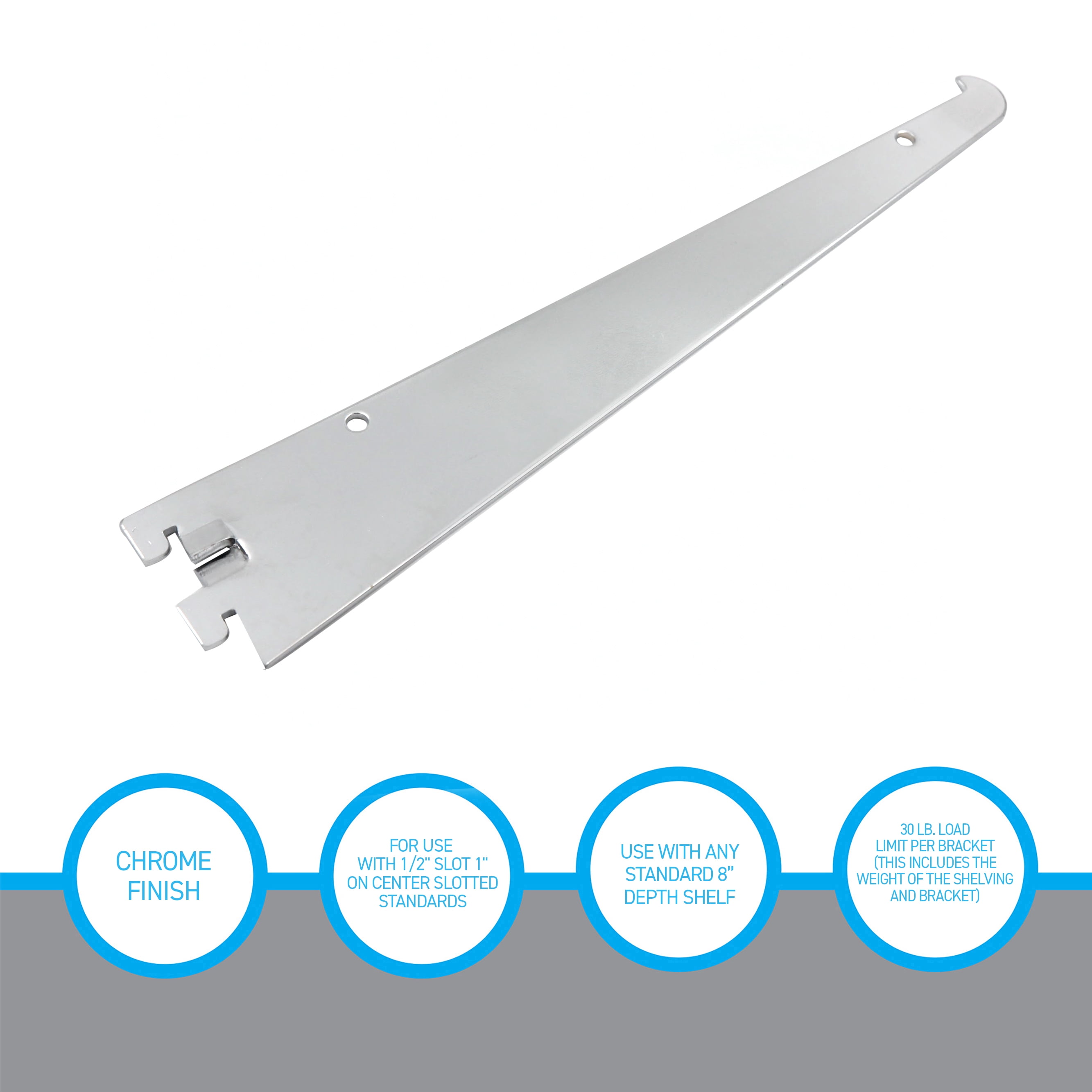 SSWBasics 8 inch Chrome Metal Shelf Bracket for Slotted Standard - ½ inch slots 1 inch on center - Pack of 6