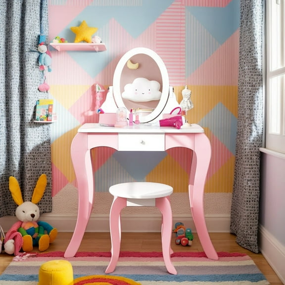 Kadyn Toddler Vanity Set, Kids Vanity Set, Makeup Dressing Table Set,Pretend Kids Vanity Set with 360° Rotatable Mirror and Play Accessories