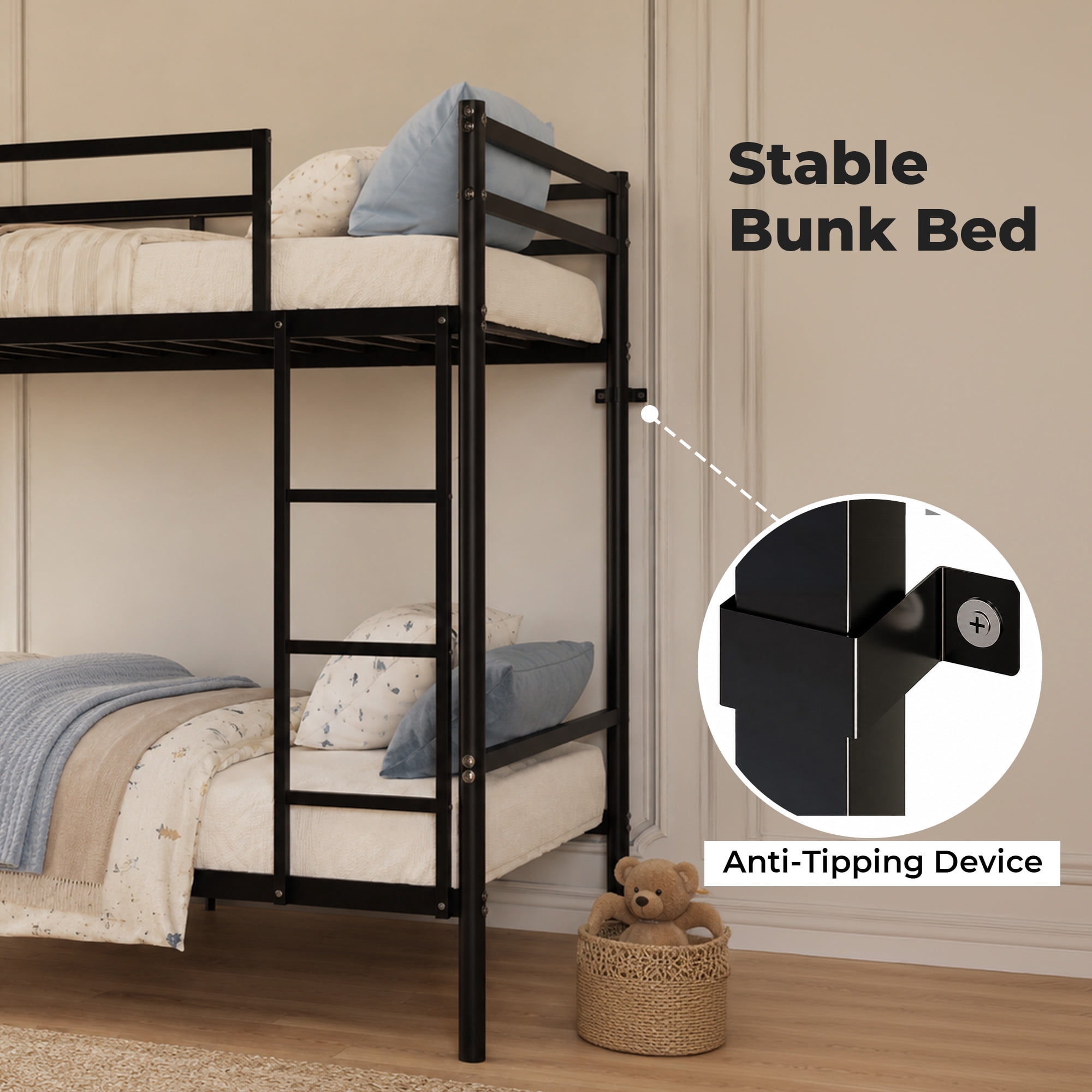 Alvantor Bunk Bed Twin over Twin, Metal Bunk Bed for Kids with Ladder and Anti-tip Bracket Black