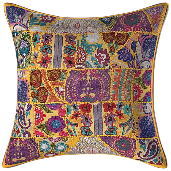 Stylo Culture Indian Zippered Cotton Mango Yellow Large Throw Pillow Covers 24x24 Patchwork Vintage Throw Pillowcase Abstract Floral 60x60 cm Decorative Cushion Covers (1 Pc)