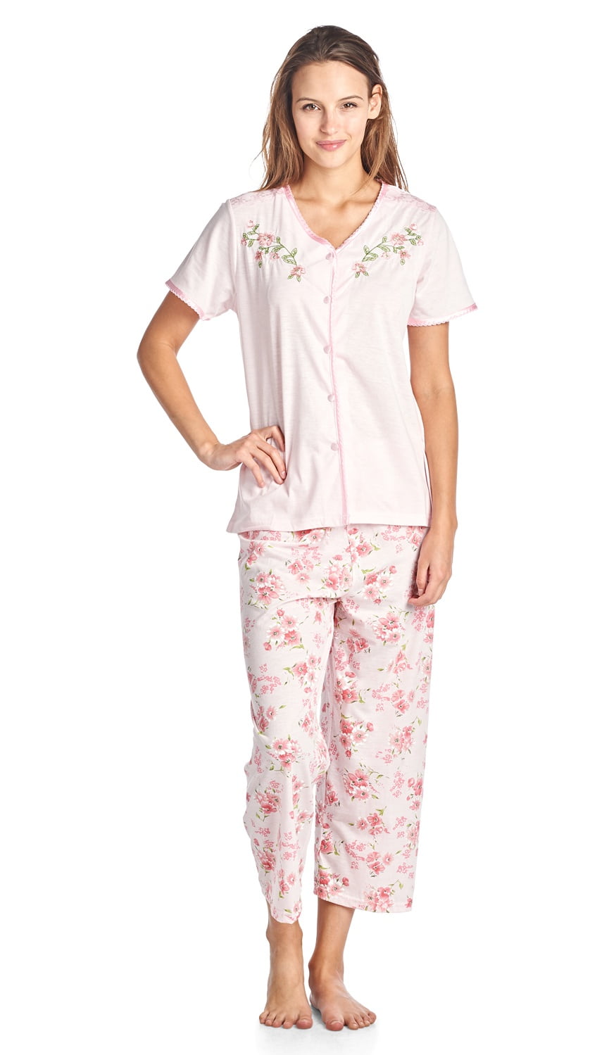 Casual Nights Women's Short Sleeve Floral Satin Lace Capri Pajama Set ...