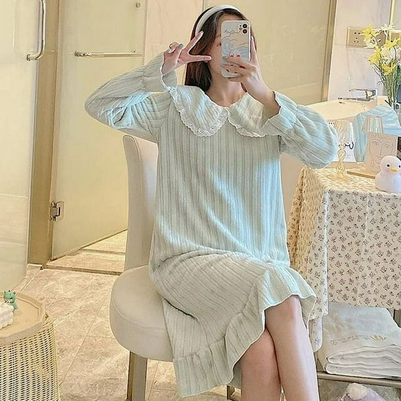 New Winter Long Sleeve Thick Warm Flannel Nightgown for Women Korean Cute Lace Sleepwear Night Dress Nightdress Home Nighty,Green,xxl