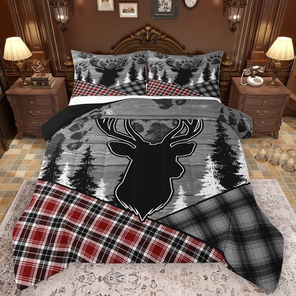 Feelyou Rustic Wildlife Deer Full Size Comforter Sets, Red Grey Checkered Buffalo Bedding Comforter Set, Vintage Western Farmhouse Reversible Bedding Sets, Luxury Bedroom Decor, 3-Piece