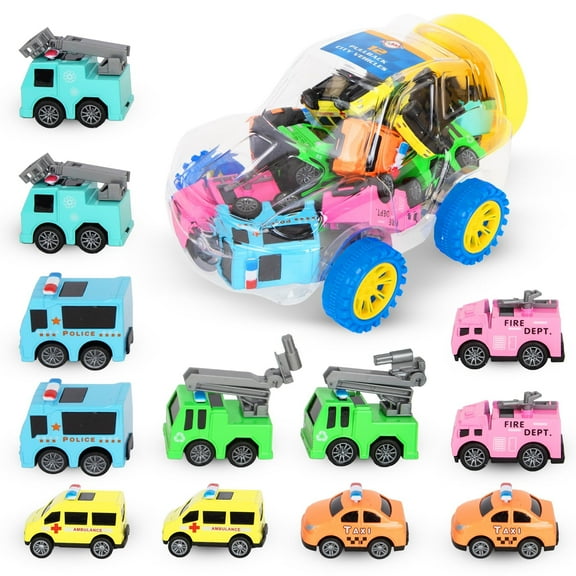 Playkidiz Mini Vehicle Toy Set with Storage Container, 12 Emergency and Service Cars, Police, Fire Truck, Ambulance, Taxi