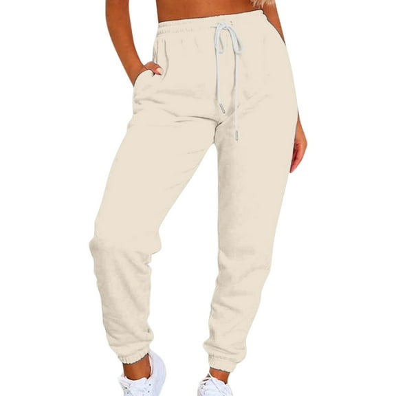 Tiqkatyck High Waisted Pants for Women, Women 's Solid Color Casual Sports Tie Up Waist with Plush Sweater Material Pants Pants for Women Beige