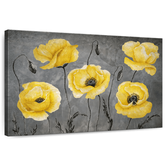 Elephant Stock Yellow Poppies Wall Art - Horizontal Canvas Wall Art - Living Room Wall Decor - Floral And Botanical Canvas - Gray And Yellow Decor - 12" x 8"
