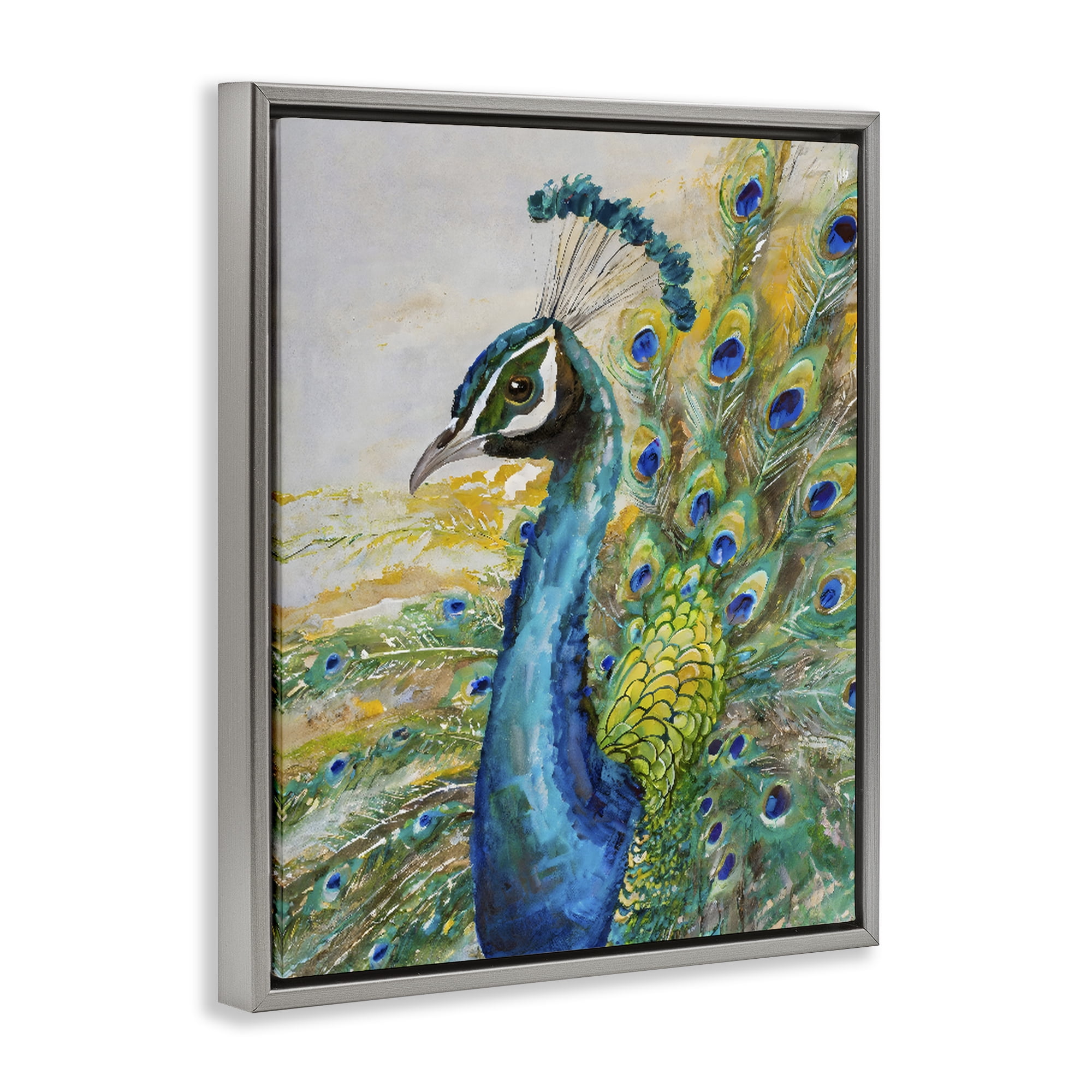 Stupell Industries Regal Blue Peacock Feathers Gray Framed Floater Canvas Wall Art, design by Creative Studio