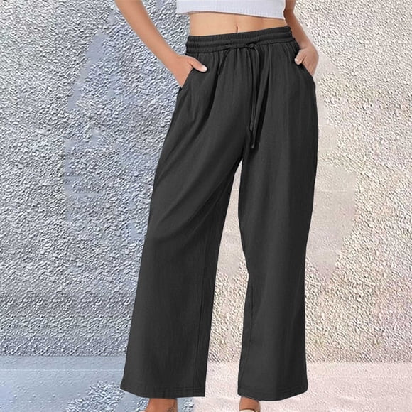 Outfmvch Women's Linen Pants Boho Chic Clothing Wide Leg Cotton Linen Baggy Wide High Waisted Beach Clothes Beach Vacation Casual Dress Pants Boho Pants Black S