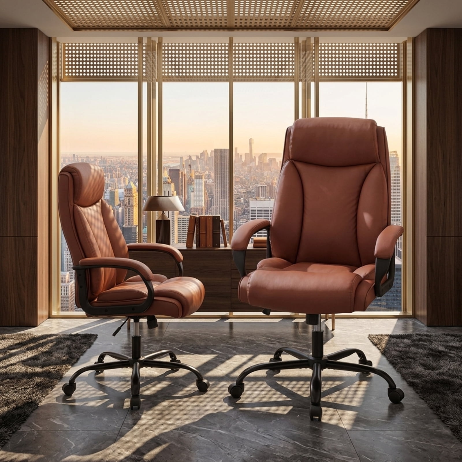 Furnibear Big and Tall Office Chair 400lb High Back Executive Computer Chair with PVC Leather Rocking Backrest and Swivel Seat, Brown