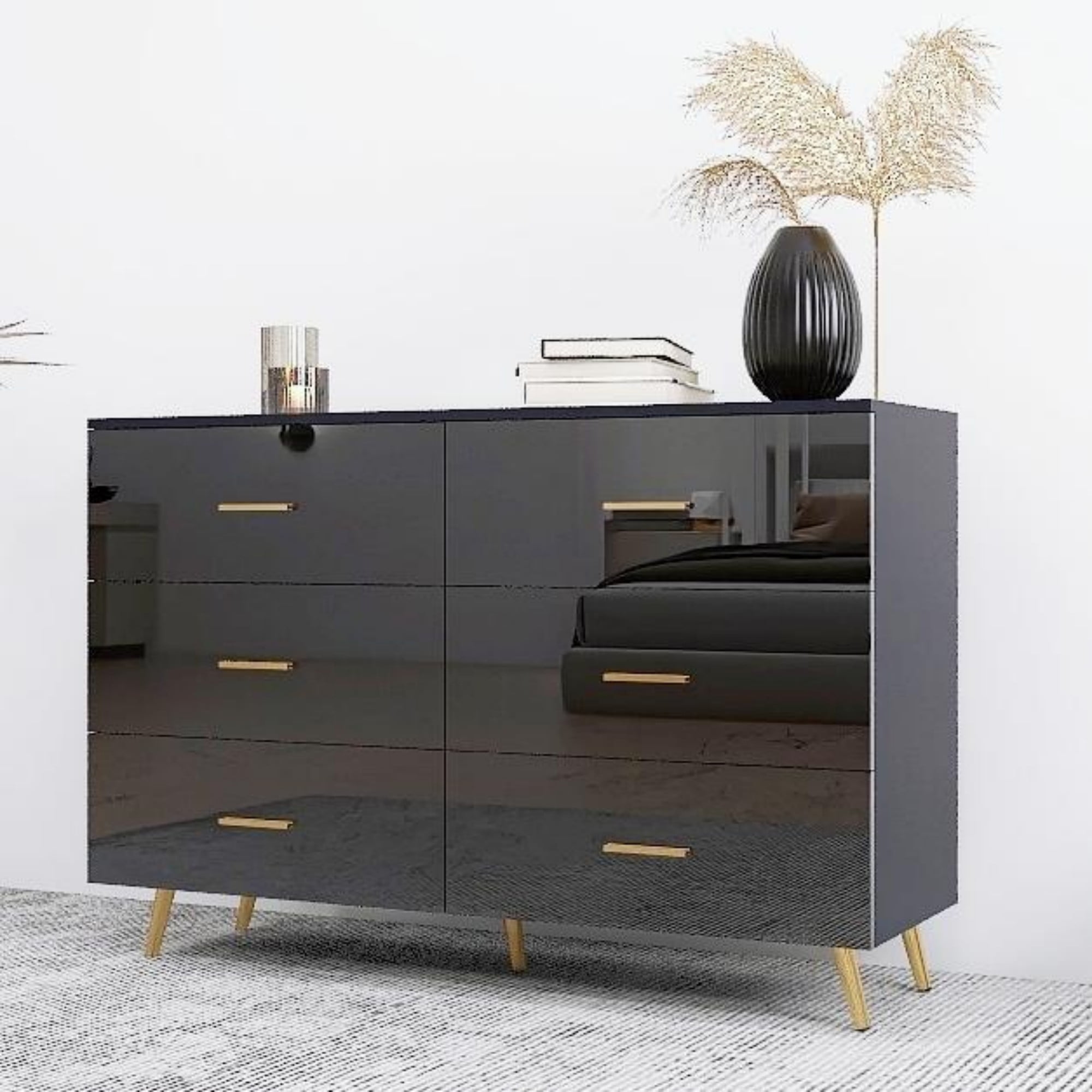 Jopath 6-Drawers Dresser for Bedroom,Modern High Glossy Surface Chest of Drawer with Golden Steel Legs,Wood Storage Organizer for Living Room,Black02